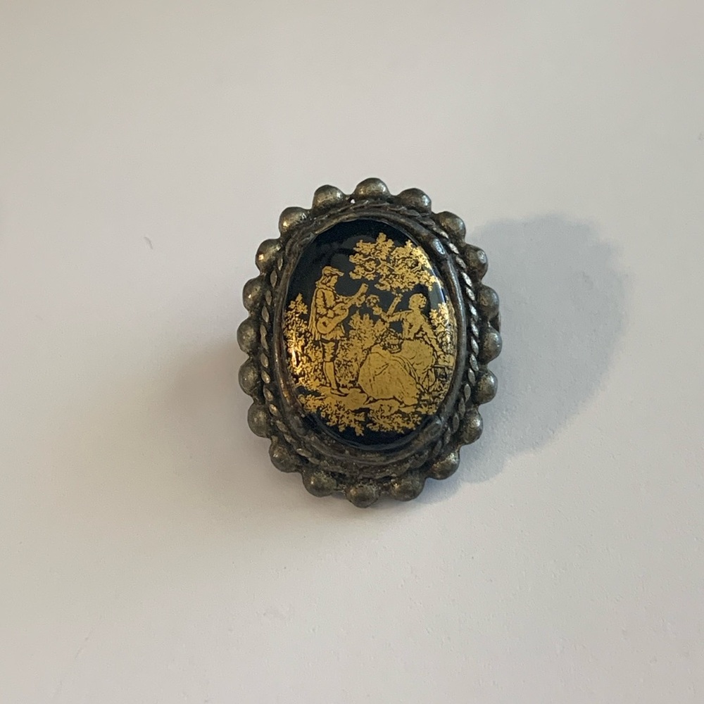 Limoges courting couple brooch vintage black and gold